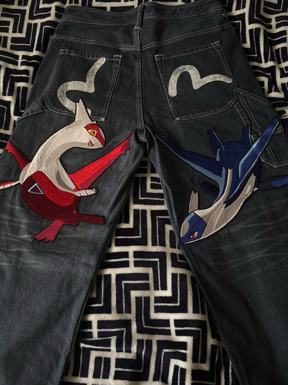 Evisu Black Straight Jeans with Red & Blue Embroidered Birds